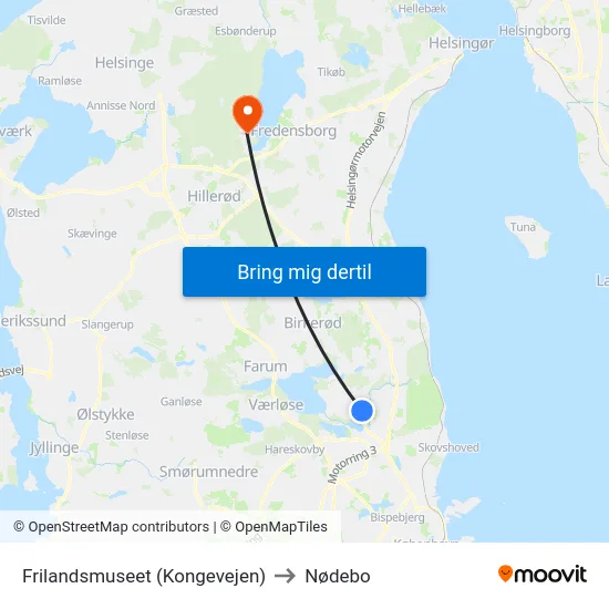 Frilandsmuseet (Kongevejen) to Nødebo map