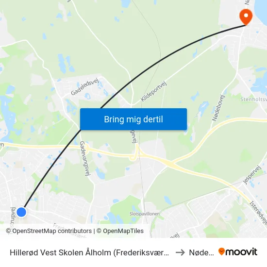 Hillerød Vest Skolen Ålholm (Frederiksværksgade) to Nødebo map