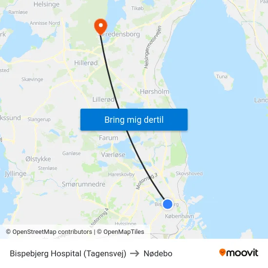 Bispebjerg Hospital (Tagensvej) to Nødebo map