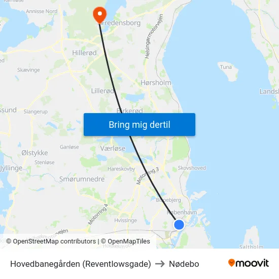 Hovedbanegården (Reventlowsgade) to Nødebo map