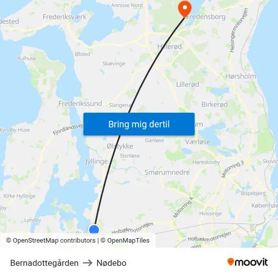 Bernadottegården to Nødebo map