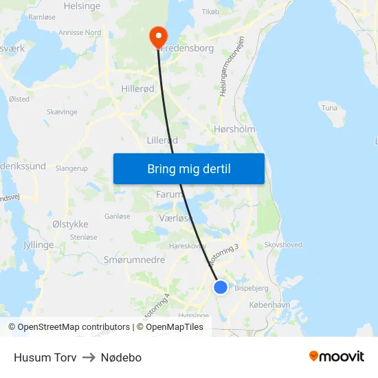 Husum Torv to Nødebo map