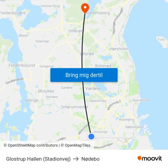 Glostrup Hallen (Stadionvej) to Nødebo map