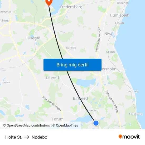 Holte St. to Nødebo map