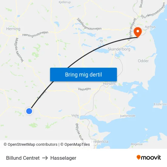 Billund Centret to Hasselager map
