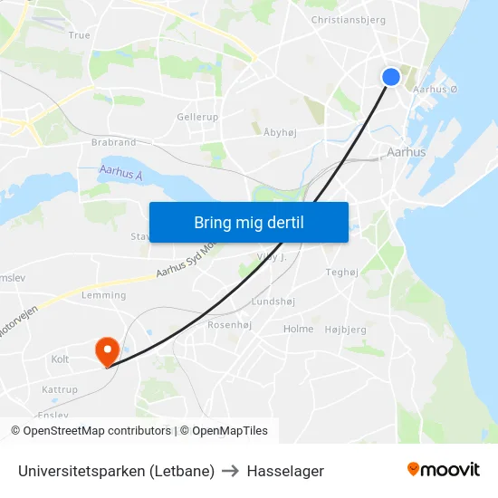 Universitetsparken (Letbane) to Hasselager map