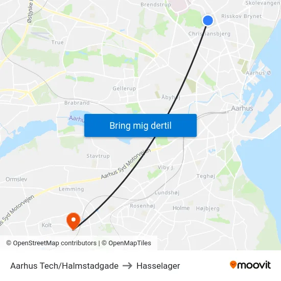 Aarhus Tech/Halmstadgade to Hasselager map
