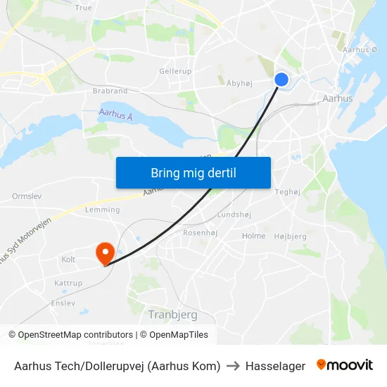 Aarhus Tech/Dollerupvej (Aarhus Kom) to Hasselager map