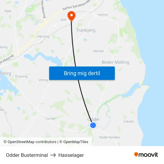 Odder Busterminal to Hasselager map