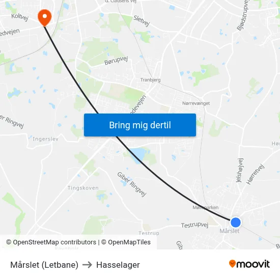 Mårslet (Letbane) to Hasselager map