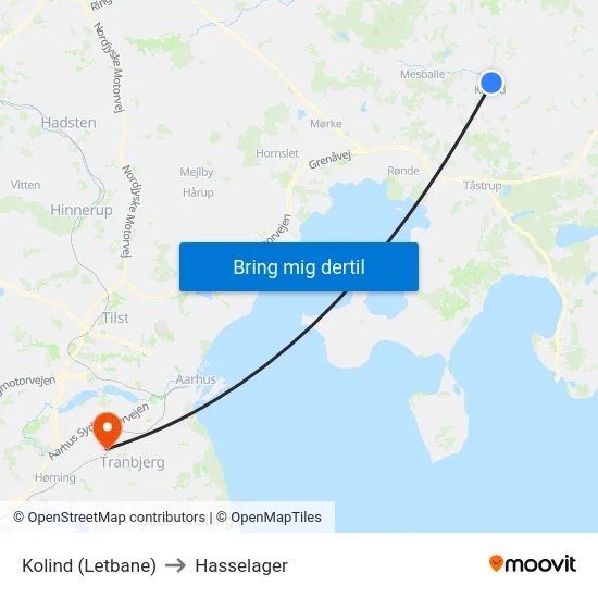 Kolind (Letbane) to Hasselager map