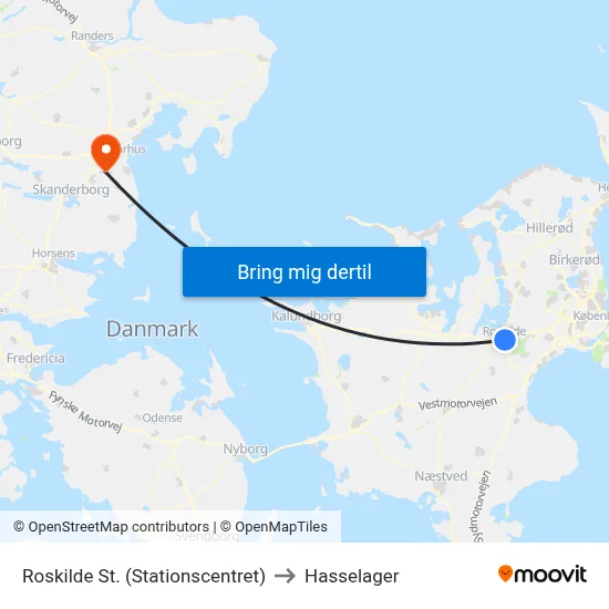 Roskilde St. (Stationscentret) to Hasselager map