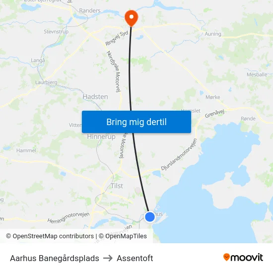Aarhus Banegårdsplads to Assentoft map
