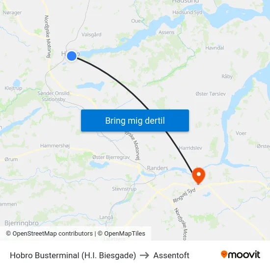 Hobro Busterminal (H.I. Biesgade) to Assentoft map