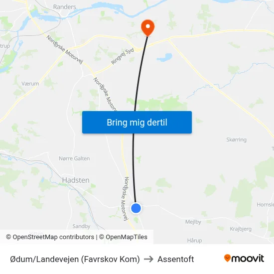 Ødum/Landevejen (Favrskov Kom) to Assentoft map