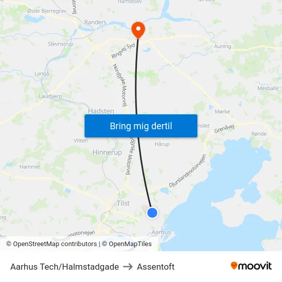 Aarhus Tech/Halmstadgade to Assentoft map