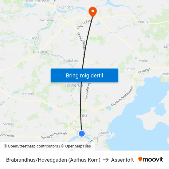 Brabrandhus/Hovedgaden (Aarhus Kom) to Assentoft map