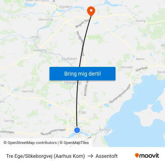Tre Ege/Silkeborgvej (Aarhus Kom) to Assentoft map