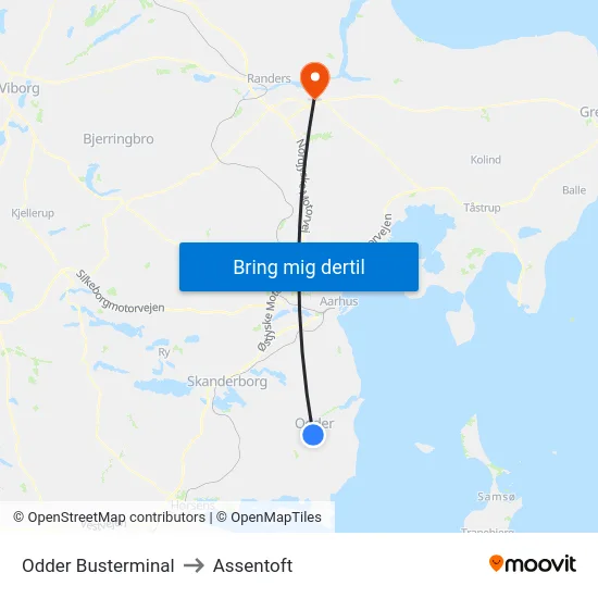 Odder Busterminal to Assentoft map