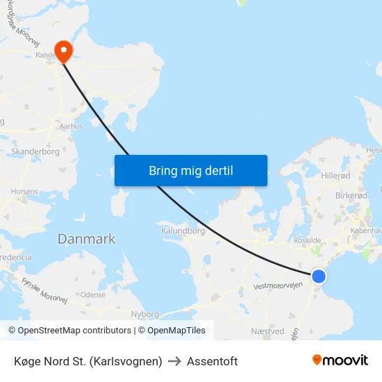 Køge Nord St. (Karlsvognen) to Assentoft map