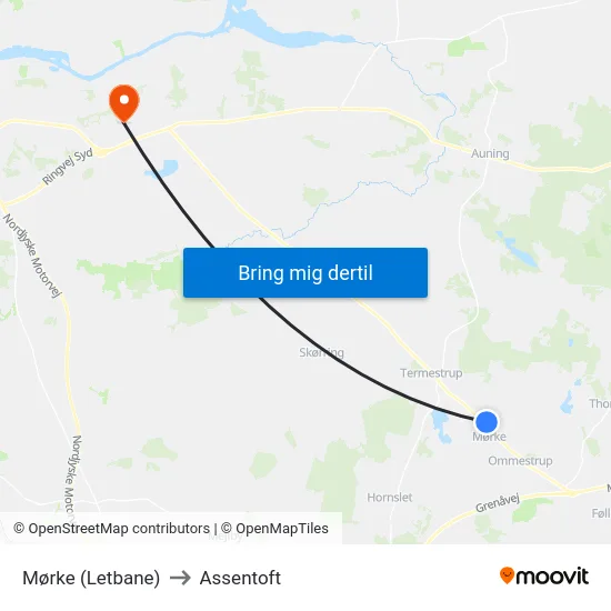 Mørke (Letbane) to Assentoft map