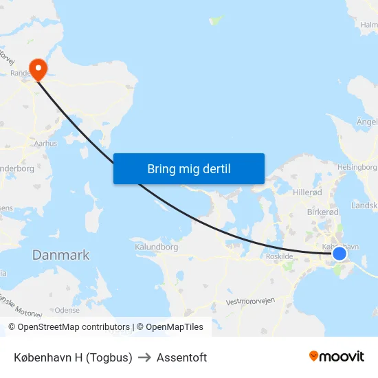 København H (Togbus) to Assentoft map