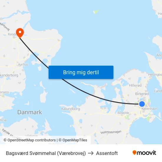 Bagsværd Svømmehal (Værebrovej) to Assentoft map