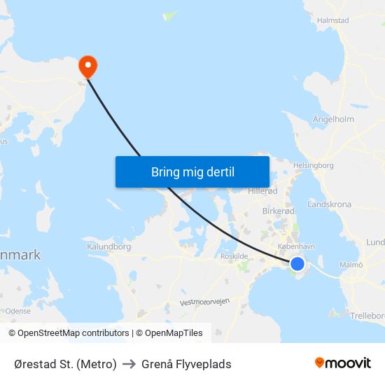 Ørestad St. (Metro) to Grenå Flyveplads map