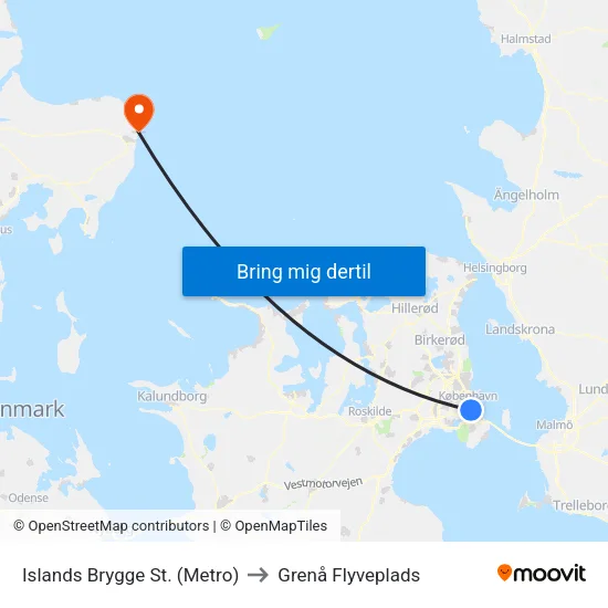 Islands Brygge St. (Metro) to Grenå Flyveplads map