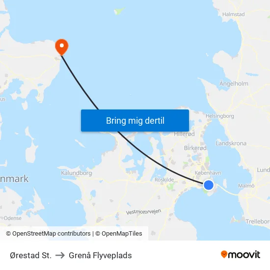 Ørestad St. to Grenå Flyveplads map