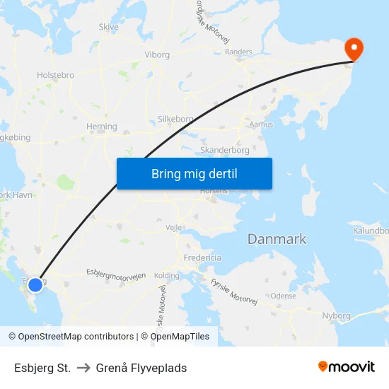 Esbjerg St. to Grenå Flyveplads map
