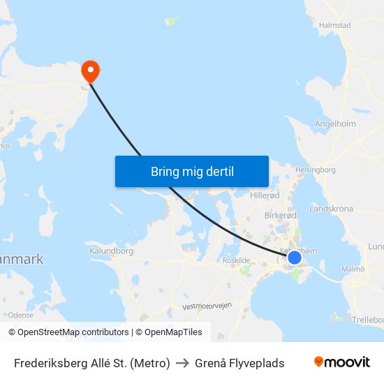 Frederiksberg Allé St. (Metro) to Grenå Flyveplads map