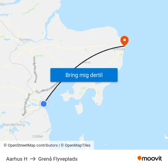 Aarhus H to Grenå Flyveplads map
