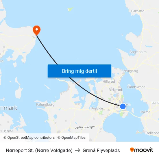 Nørreport St. (Nørre Voldgade) to Grenå Flyveplads map