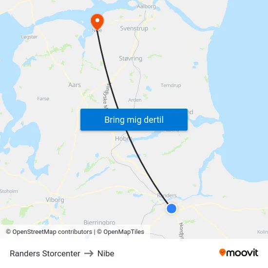 Randers Storcenter to Nibe map