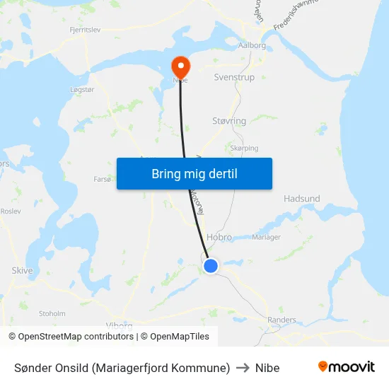 Sønder Onsild (Mariagerfjord Kommune) to Nibe map