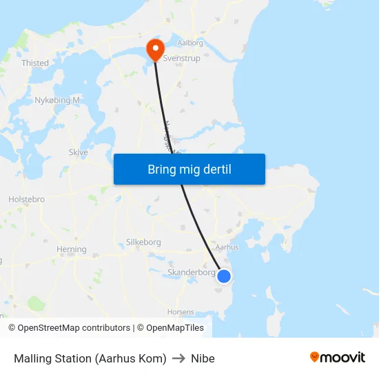 Malling Station  (Aarhus Kom) to Nibe map