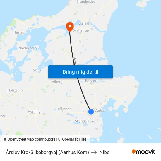 Årslev Kro/Silkeborgvej (Aarhus Kom) to Nibe map