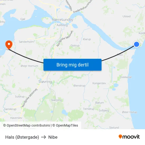 Hals (Østergade) to Nibe map