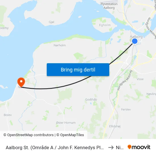 Aalborg St. (Område A1 / John F. Kennedys Plads) to Nibe map