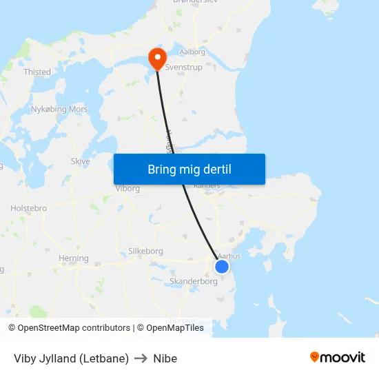Viby Jylland (Letbane) to Nibe map