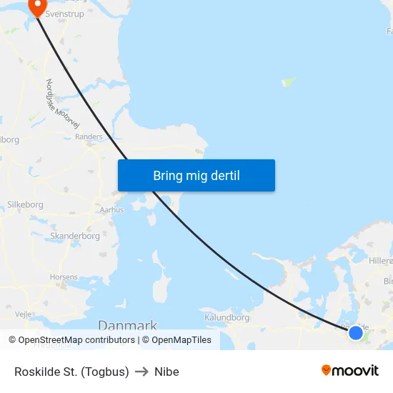 Roskilde St. (Togbus) to Nibe map