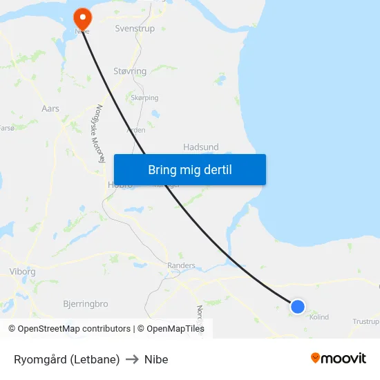 Ryomgård (Letbane) to Nibe map