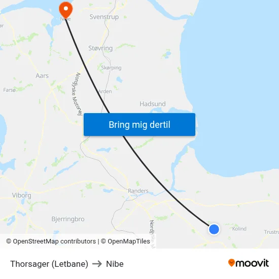 Thorsager (Letbane) to Nibe map