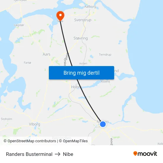 Randers Busterminal to Nibe map