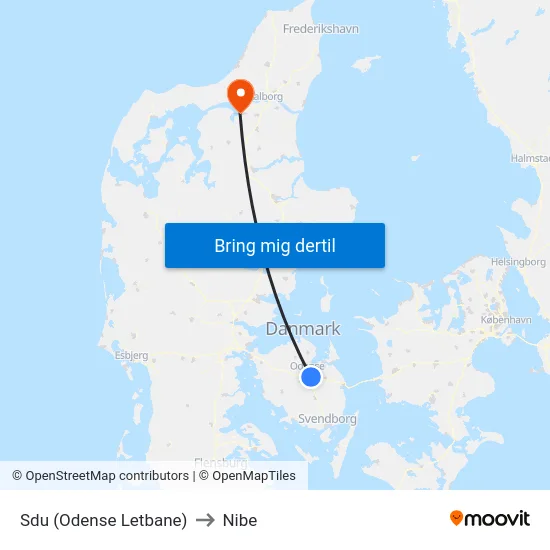 Sdu (Odense Letbane) to Nibe map