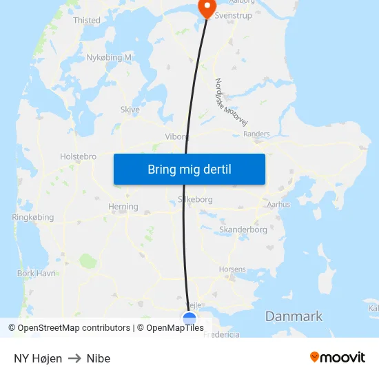 NY Højen to Nibe map
