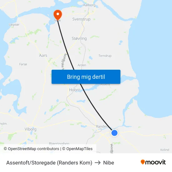 Assentoft/Storegade (Randers Kom) to Nibe map