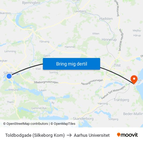 Toldbodgade (Silkeborg Kom) to Aarhus Universitet map