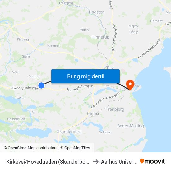 Kirkevej/Hovedgaden (Skanderborg Kom) to Aarhus Universitet map